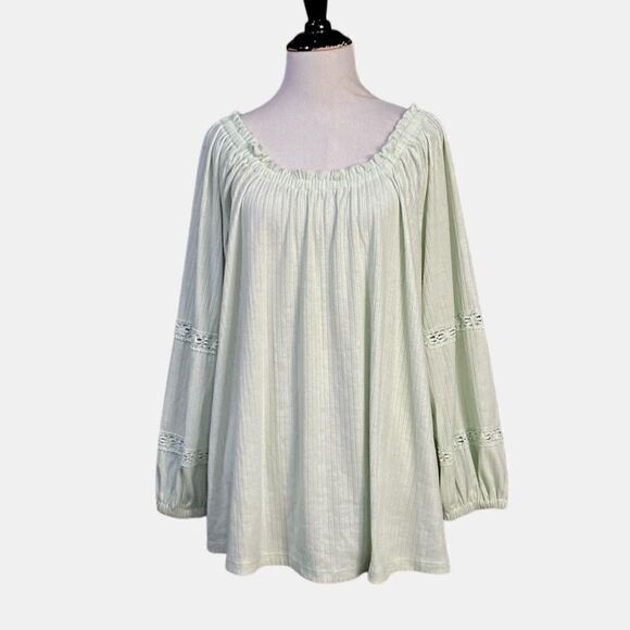 Lane Bryant Mint Green Off Shoulder Tunic Blouson-Sleeve Ribbed Knit Top - Picture 2 of 13